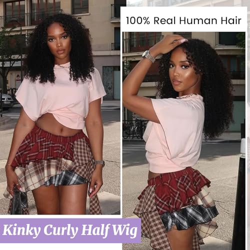 Kinky Curly Half Wig Human Hair 210 Density 100% Unprocessed 3 In 1 Half Wig Curly Human Hair With Drawstring Seamless Flip Over Wigs Glueless Beginner Friendly 16 Inch