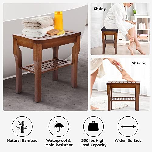 StrongTek Bamboo Shower Bench Seat with Cushion, Shower Stool with Storage Shelf, Lightweight, Non-Slip, Quick-Drain Design, 350 lbs Capacity, Ideal for Bathroom, Spa, Sauna, Living Room