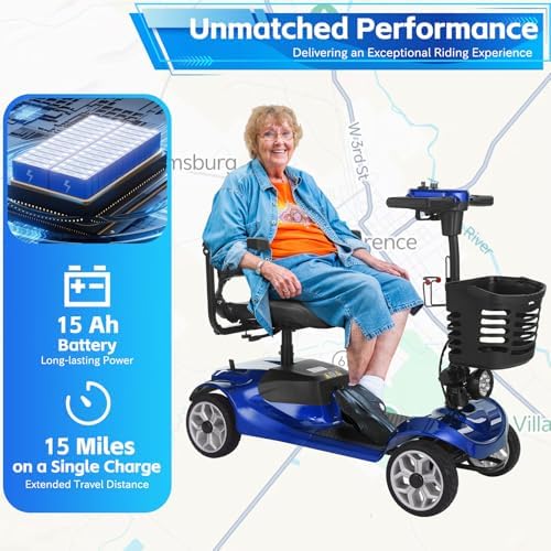 15 Miles Ecomobi MS01 4 Wheels Mobility Scooter for Adults/Seniors, 350W Powered Electric Wheelchair Device w/360WH Battery, 300LBS Capacity, Cup Holder/Rotating Seat, Compact Duty Mobile for Elderly
