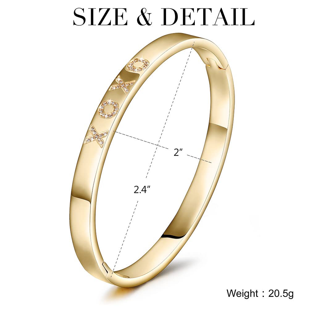 WISTIC Gold Plated Bangle Bracelet for Women, Silver Engraved Letter Cuff Bracelet with CZ, Fits 6.0–7.0 Inch Wrist, 2.4in Inner Dia., Rose Gold Stainless Steel Hinged Bangle Jewelry, XOXO, Gold
