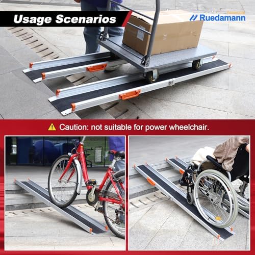 Ruedamann Portable Wheelchair Ramp, 5FT Adjustable Aluminum Ramp for Home, 600lbs Capacity,Telescoping Non-Skid Surface Wheel Chair Ramp for Home, Stairs, Steps