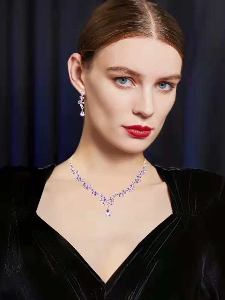 3Pcs Austrian Crystal Jewelry Set for Women, Necklace Dangle Earrings Link Bracelet Jewelry Set with Gold/Platinum/Gun Plated, Wedding Party Jewelry for Bridal Bridesmaid (Violet-Gold Plated)