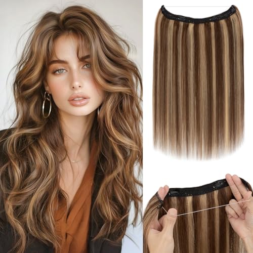 Halo Hair Extensions,Prokyvity Halo Hair Extensions Real Human Hair,Invisible Adjustable Wire Extensions for Seamless Blending 20 inch/70g Medium Brown Streaked with Dark Blonde