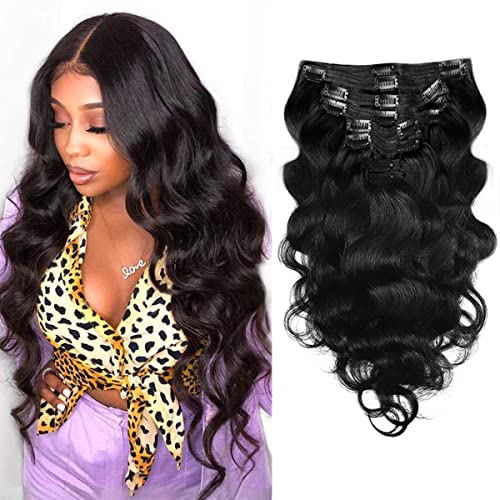 22Inch Clip in Hair Extensions Real Human Hair Body Wave 8Pcs Brazilian Human Hair Clip in Extensions with 18Clips Double Lace Weft 120g #1B Natural Black