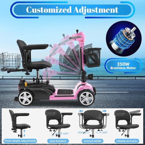 15-45 Miles Ecomobi MS02 4 Wheels Mobility Scooter for Adults/Seniors, 350W Powered Electric Wheelchair Device w/15Ah-25Ah Extended Battery, Dual Baskets/Rotating Seat, Compact Duty Mobile for Elderly