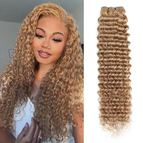inlovwith Honey Blonde Deep Wave Human Hair Bundles, Selected Healthy Deep Curly Bundles Human Hair 27# Colored Brazilian Virgin Hair Wet and Wavy (Single Bundle, 30 Inches)