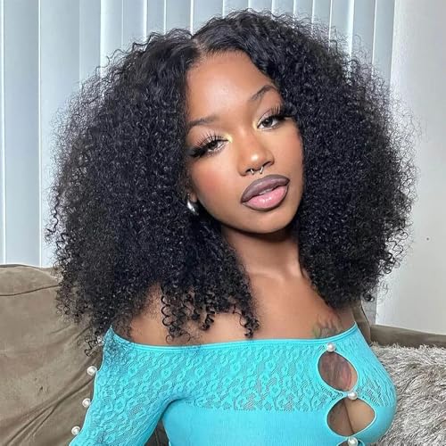 Half Wig Human Hair 200% Density 3 In 1 Seamless Flip Over headband wig human hair Glueless Wear and Go Beginner Friendly Kinky curly human hair wig Drawstring Headband Wig for Women 16inch
