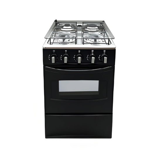 20" Freestanding LPG Oven - Equipped with 4 coil burners and Gas Stove with stainless steel 50L oven (Black: Automatic ignition)