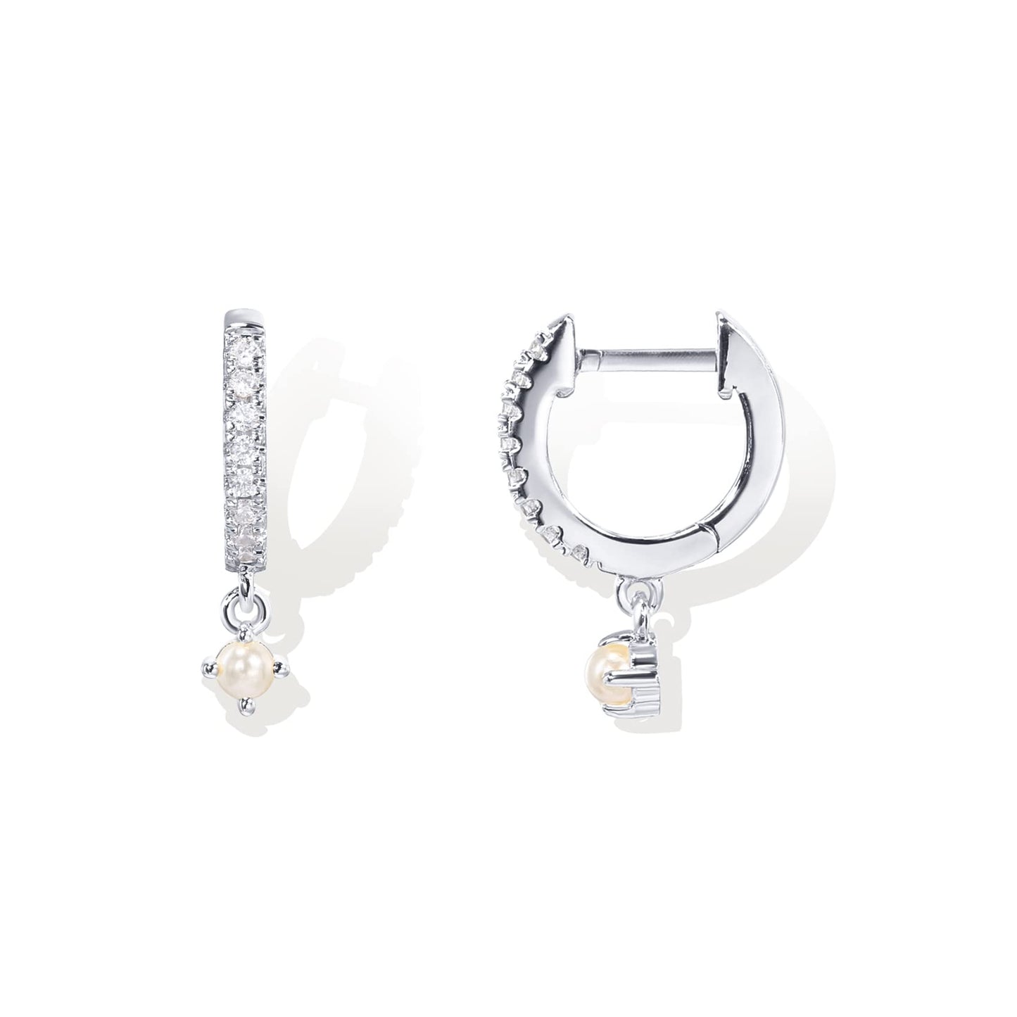 PAVOI Rhodium Plated 925 Sterling Silver Post Trendy Cubic Zirconia and Pearl Dangle Huggie Earrings for Women - Small Gold Hinged Pearl Huggie Hoop Earrings