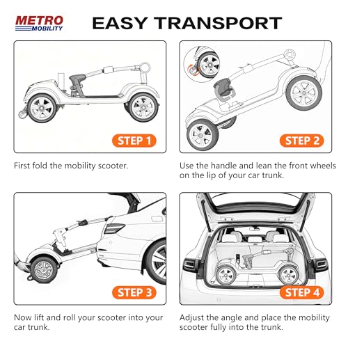 Metro Mobility 4 Wheel Powered Mobility Scooters, 300 lbs Capacity Mobility Scooters for Adults, Folding Mobility Scooter Lightweight, Electric Scooters for Seniors 10 Miles Range LED Light Red