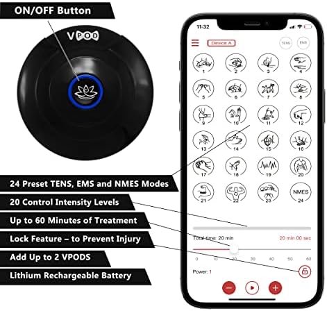 VPOD Deluxe TENS Unit Muscle Stimulator with EMS Therapy for Muscle Recovery, Back Pain Relief, Neck Pain Relief and Sciatica Pain Relief, 24 Modes, Wireless, Portable, and Bluetooth-Enabled