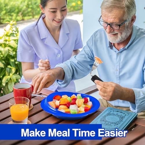 2 Sets Adaptive Utensils Bowl and Plate Set Adaptive Self Feeding Dinnerware with Suction Base Non Slip Bendable Cutlery for Elderly Disabled Hand Tremors Arthritis Parkinson(Blue)