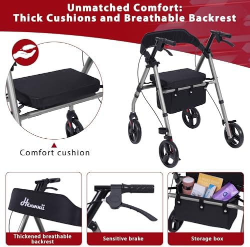 Walker for Seniors, Lightweight Rollator Walker with seat, Foldable Rolling Walker with 8 inch All Terrain Rubber Wheels, Ergonomic Adjustable Handles and Backrest for Seniors and Adult.