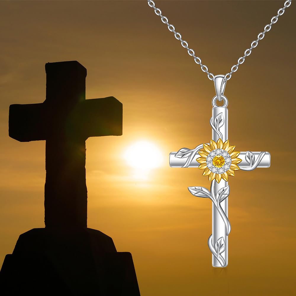 Fenthring 18k Gold Plated Sunflower Necklaces for Women, Sunflower Cross Necklace 925 Sterling Silver Sunshine Pendant Mom Jewelry Christmas Gifts for Women