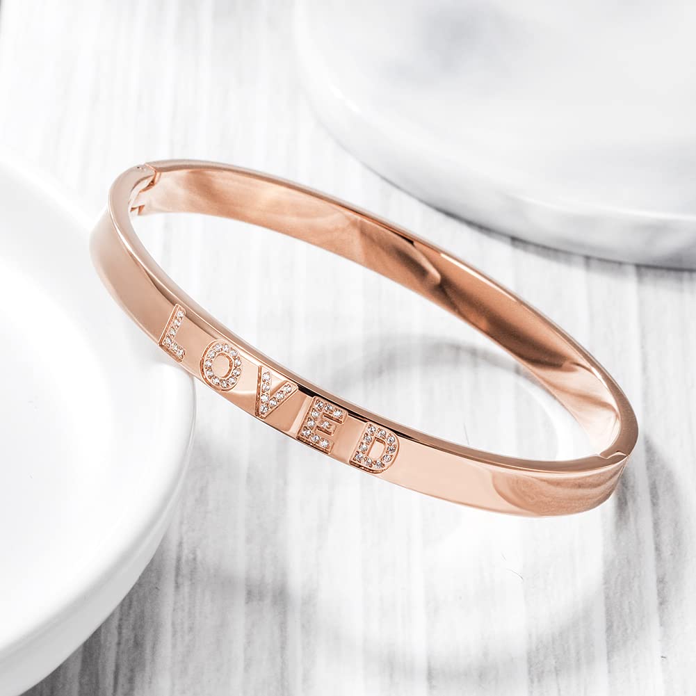 WISTIC Gold Plated Bangle Bracelet for Women, Silver Engraved Letter Cuff Bracelet with CZ, Fits 6.0–7.0 Inch Wrist, 2.4in Inner Dia., Rose Gold Stainless Steel Hinged Bangle Jewelry, LOVED, Rose Gold
