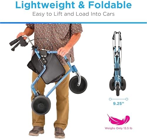 Nova Joy Traveler Folding 3 Wheel Walker with Tray, Basket and Pouch - Lightweight Mobility Aid for Seniors - 8 Inch Wheels - Essential for Tight Spaces and Travel - Sky Blue