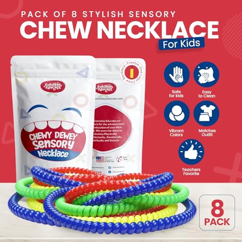 Durable Sensory Chew Necklace for Kids (8 Pack) BPA Free, Food-Grade Silicone Chewing Necklace for Autism and ADHD - Oral Motor Teething Toys, Fidget Necklace for Boys and Girls, Sensory Chewy Dewey