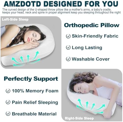 Side Sleeper Pillow J-Shaped Side Sleeper Pillows for Adults Memory Foam Pillow for Neck Shoulder Pain Relief with Ear Hold Removable Washable Cover 1 Pack White