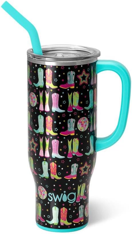 Swig Life 30oz Mega Mug, 30 oz Tumbler with Handle and Straw, Cup Holder Friendly, Dishwasher Safe, Extra Large Insulated Tumbler, Stainless Steel Water Bottle (Disco Cowgirl)