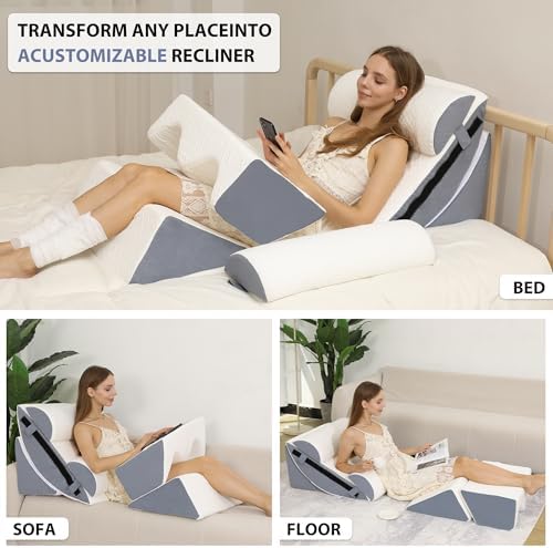6PCS Orthopedic Wedge Pillow Set for Surgery Recovery & Acid Reflux – 30D High-Density Foam Bed Support for Back, Legs, and Knees – Adjustable Modular Body Positioning System with Breathable Covers