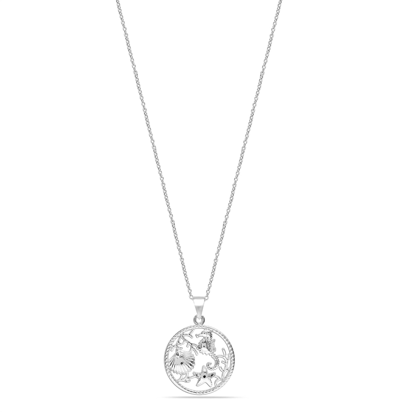 LeCalla 925 Sterling Silver Sea Life Pendant Necklace | Seahorse, Starfish & Shell Round Design Necklace Jewelry Gift for Women | Beach Style Necklace 18 Inches