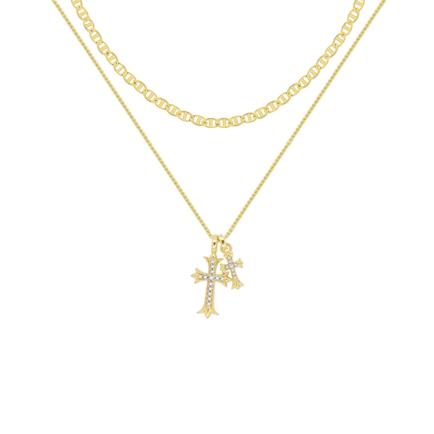OGD Layered Gold Necklaces for Women 14k Gold Plated Double Cross Necklace for Women Stackable Stacked Stacking Dainty Gold Mariner Chain Necklace CZ Cross Pendant Necklaces Set Simple Jewelry Gift