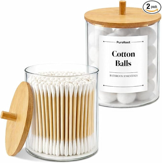 15oz Glass Qtip Holder Dispenser Set - Cotton Swab Holder with Bamboo Lids, Bathroom Canisters Apothecary Jar Vanity Storage Organizer for Cotton Balls Pads, Floss Picks (2 Pack)