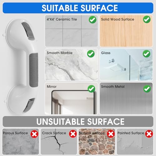 Suction Grab Bar with Safety Indicator for Bathtub Shower Bathroom, Heavy Duty Handrail Removable Reusable for Elderly Disabled and Kids, Anti-Slip Grip, No Drilling Tool Free, Waterproof Grey