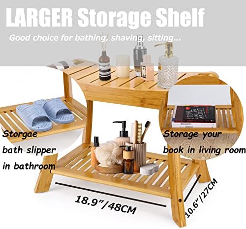 VVW Bamboo Shower Bench & Stool with Storage Shelf, Bath Benches for Inside Shower, Bathroom Stools 2-Tier Spa Seat for Adults Elderly (Beige)