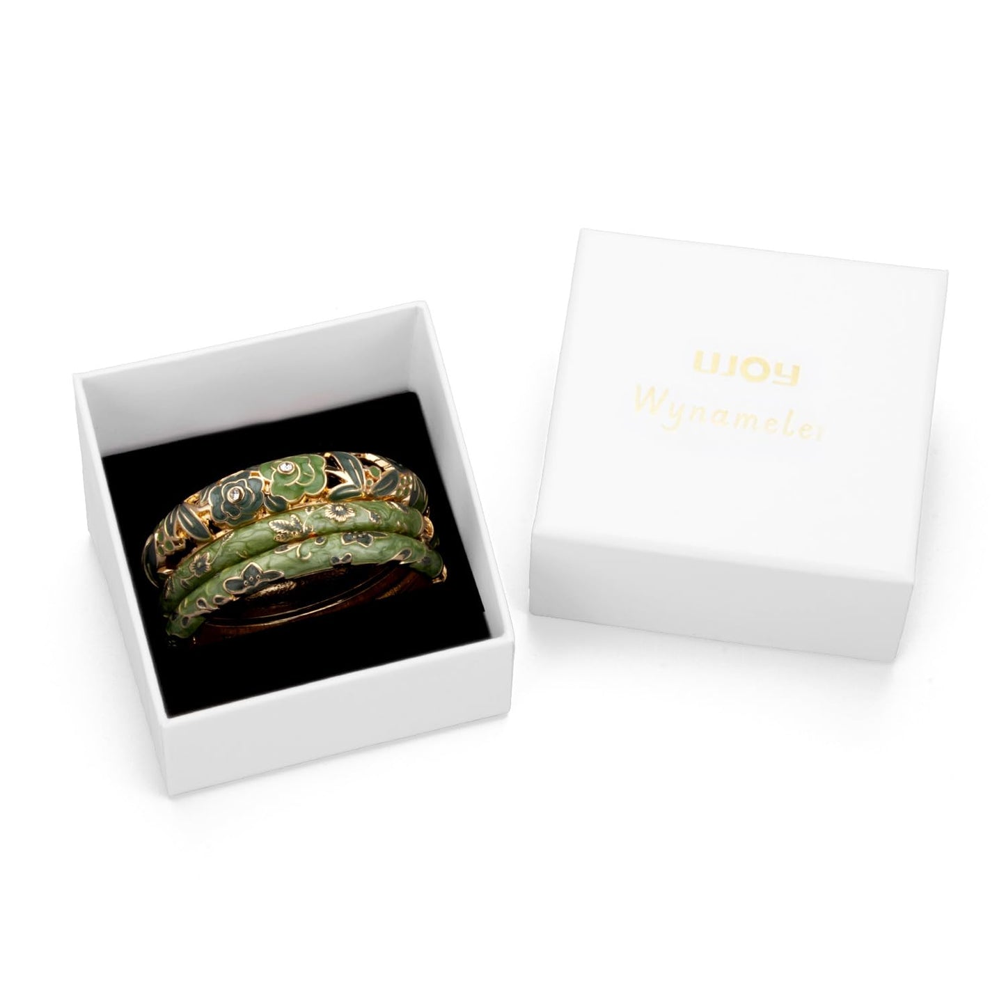UJOY Women Cloisonne Bracelet Multi-Colors Plated Rhinestone Flower Hollowed Enameled Hinged Cuff Bangles Jewelry Gift 88A10 3pcs Green