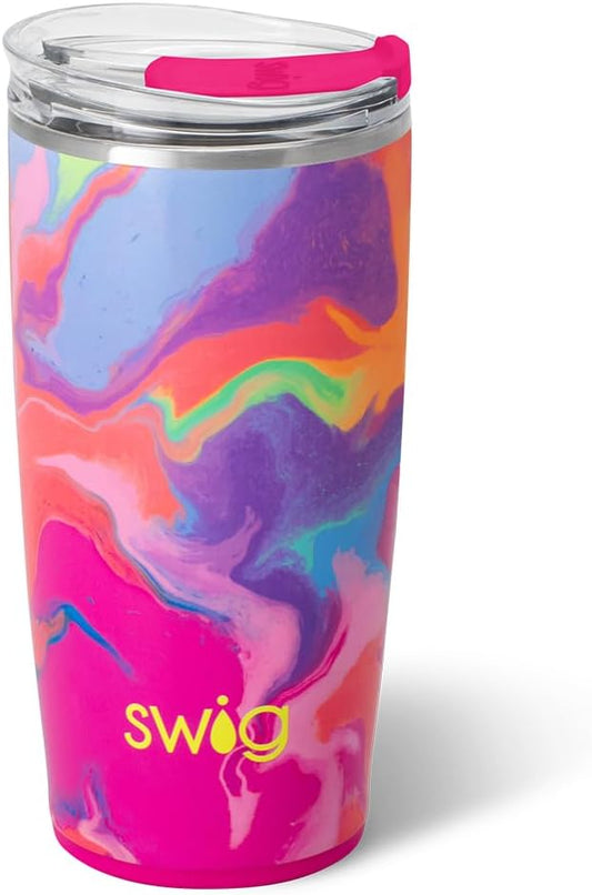 Swig Life 22oz Insulated Tumbler, Travel Coffee Tumbler with Lid, Cup Holder Friendly Travel Coffee Mug, Stainless Steel, 22 oz Tumblers, Reusable Insulated Mug with Lid (Candy Crush)