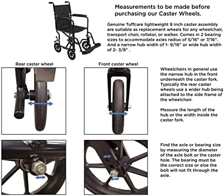 Caster Wheel, Hard Rubber Tire, 8" x 1"- 2 3/8" Hub Width; Fits Most Sunrise, Medline, Drive, Invacare, E&J, Guardian, ALCO & Other Manual Wheelchairs (Black, 7/16" Axle, Wide Hub) One Pair