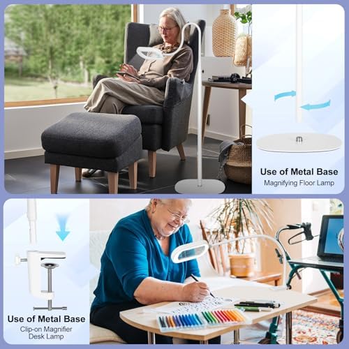 Drdefi 10X Rectangular Magnifying Glass with Light and Stand, 24" Flexible Gooseneck Floor Lamp, 5 Color Modes Stepless Dimmable, 3-in-1 LED Lighted Magnifier Light Hands Free for Reading Craft-White