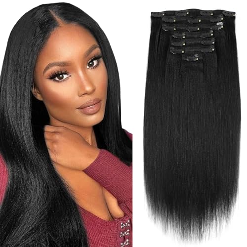 Sassina 20 Inch Yaki Straight Clip in Hair Extensions Virgin Human Hair Jet Black Double Wefts for African American Black Women 7 Pieces 120g with 17 Clips