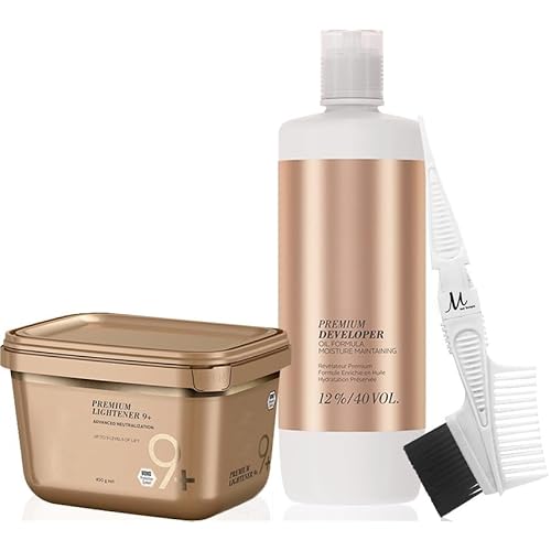 BlondeMe Lightener 9+ Premium Bleach 450 grams, Blonde Me Developer 12% / 40 Vol 1 Liter and M Hair Designs Tint Brush Comb (Bundle)