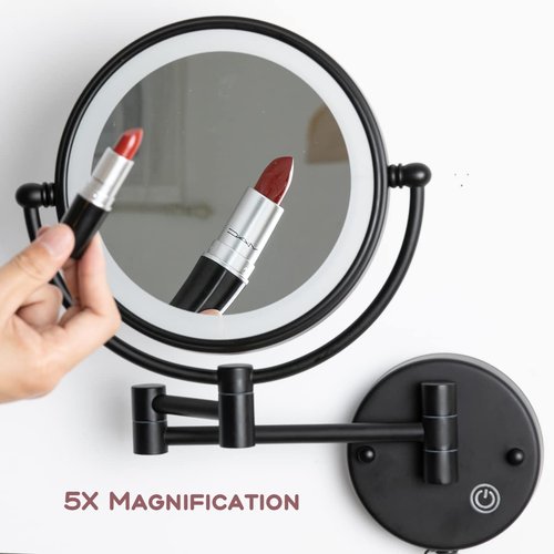 RECKODOR 8" Brass Wall Mounted Lighted Makeup Vanity Mirror with Magnification, 1X/5X Double Sided Bathroom Magnifying Mirrorwith with Dimmable LED Lights, Matt Black, Plug Powered