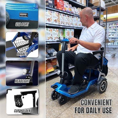 R3b-Mobility Scooters for Seniors Adults Ultra Lightweight Electric Powered Folding 4 Wheel Mobility Scooter with Headlight Cup Holder, Compact & Convenient for Travel Airline Approved, Blue