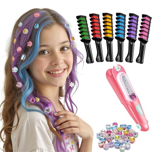 Hair Gem Stamper Kit with Reusable Bling Jewels & Washable Chalk - Girls Hair Styling Toys, Creative DIY Accessories, Birthday Gifts for Ages 5-12 (Light Hair Friendly)