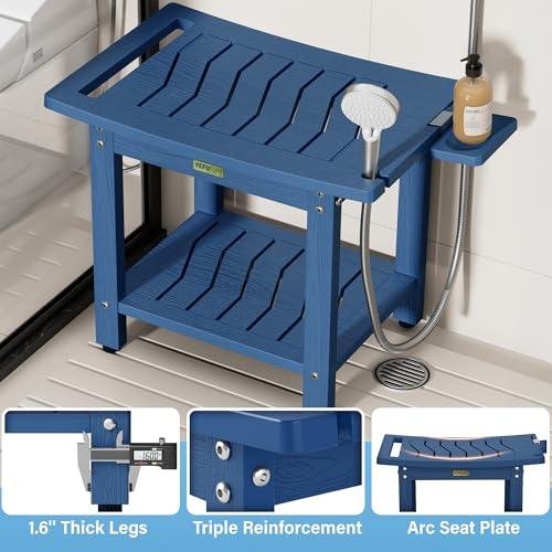 YEFU Shower Chair for Inside Shower: 21 Inch Oversized Waterproof/No Maintenance - Shower Stool with Shelf & Handle 400 LBS - Bathrooms/Outdoor - Non-Slip Easy Assemble Bench for Adult/Elderly/Navy