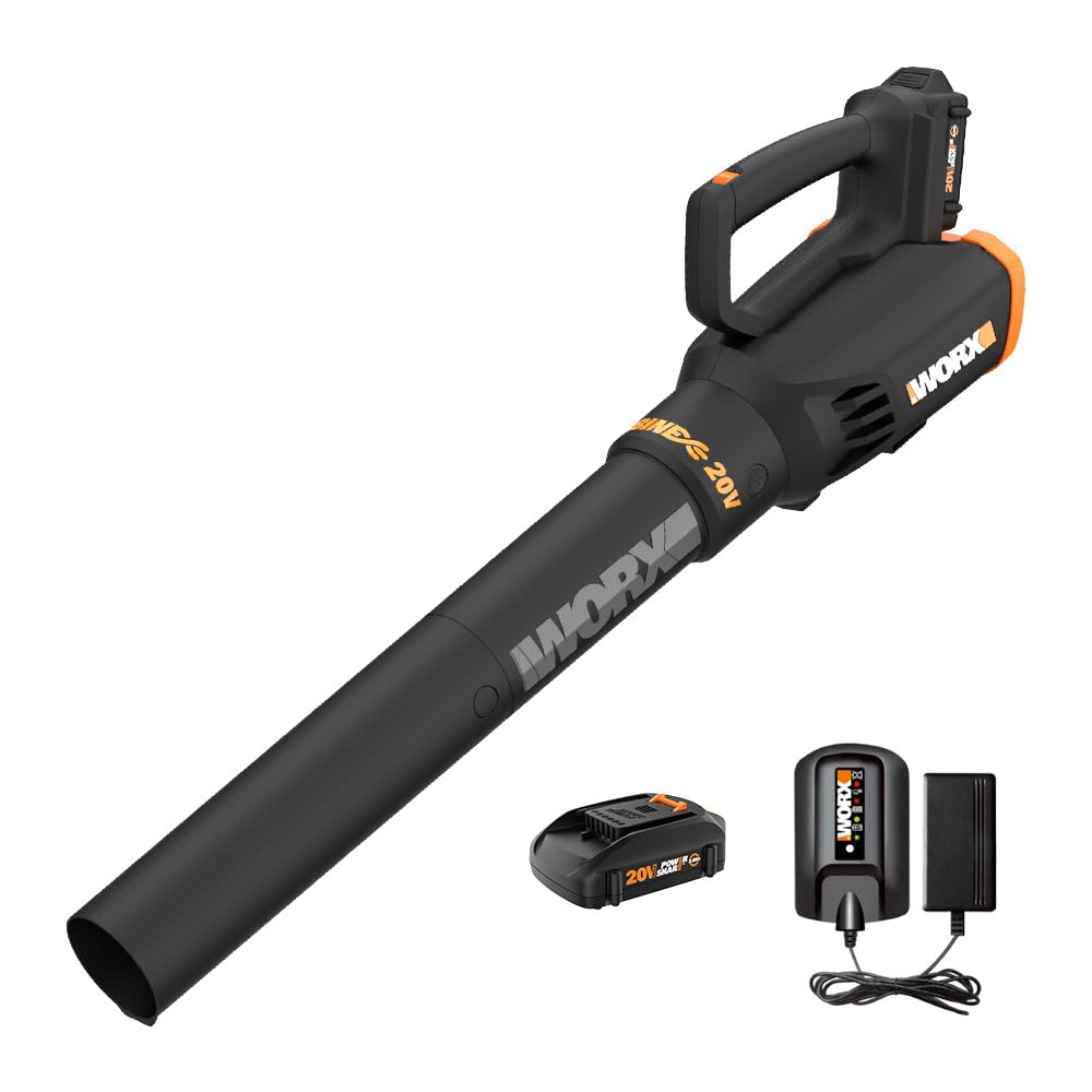 WORX Cordless Leaf Blower, Electric Blower with Turbine Fan, Blowers for Lawn Care with 2 Speed Control, Battery & Charger Included, WG547