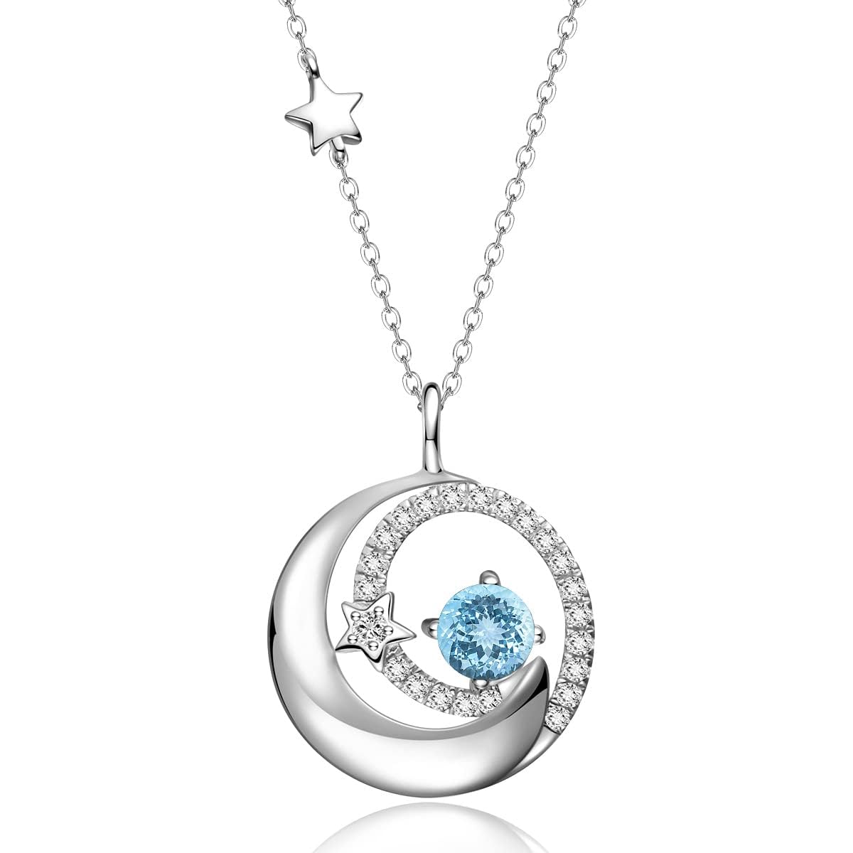 FANCIME Aquamarine Necklace March Birthstone Moon Star Pendant 925 Sterling Silver Blue Fine Jewelry Birthday Anniversary Mothers Day Gifts for Women Mom Daughter, Adjustable Chain 16+2"
