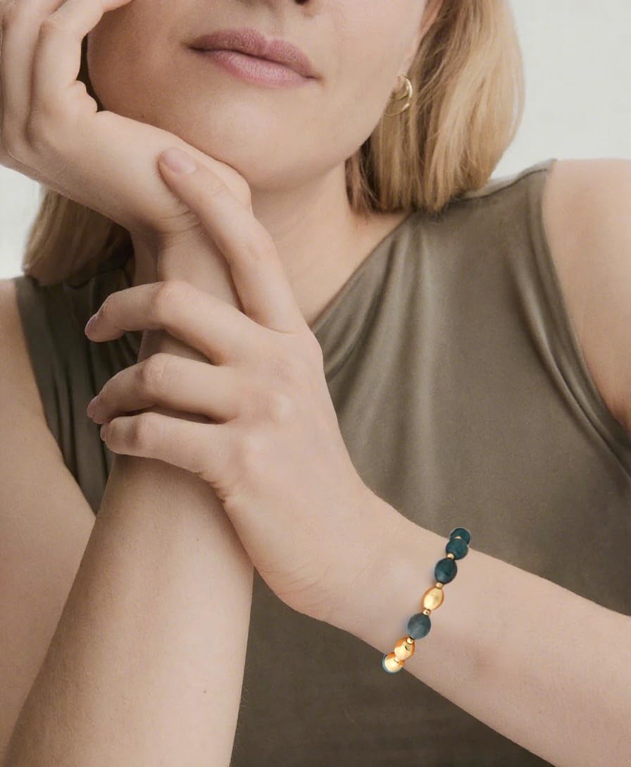 NVWAROCK Beaded Bracelet for Women, Gemstone Bracelet, 14K Gold Plated Stackable Handmade Oval Stone Bracelet Jewelry Gift - Blue