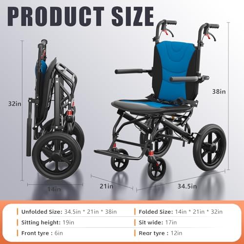 Wheelchairs for Adults Transport Chair Lightweight Foldable with Telescopic Handle, Ergonomic Portable Folding Travel Wheel Chairs for Seniors