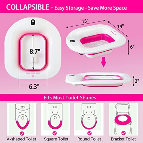 Sitz Bath, Electric Sitz Bath for Hemorrhoids, Sitz Bath for Toilet Seat, Postpartum Care Pan for Women, Yoni Hip Bath Basin, Sits Bath Soak Salts Tub, Vaginal Wash Bowl, Foldable, Pink