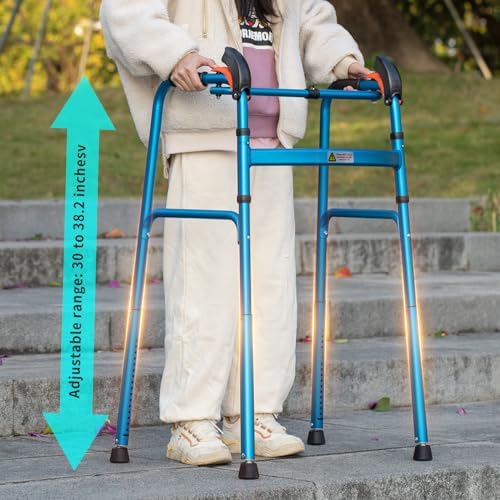 Foldable Stair Climbing Walker for Seniors,Adjustable 4-Leg Height Safety and Convenience Blue
