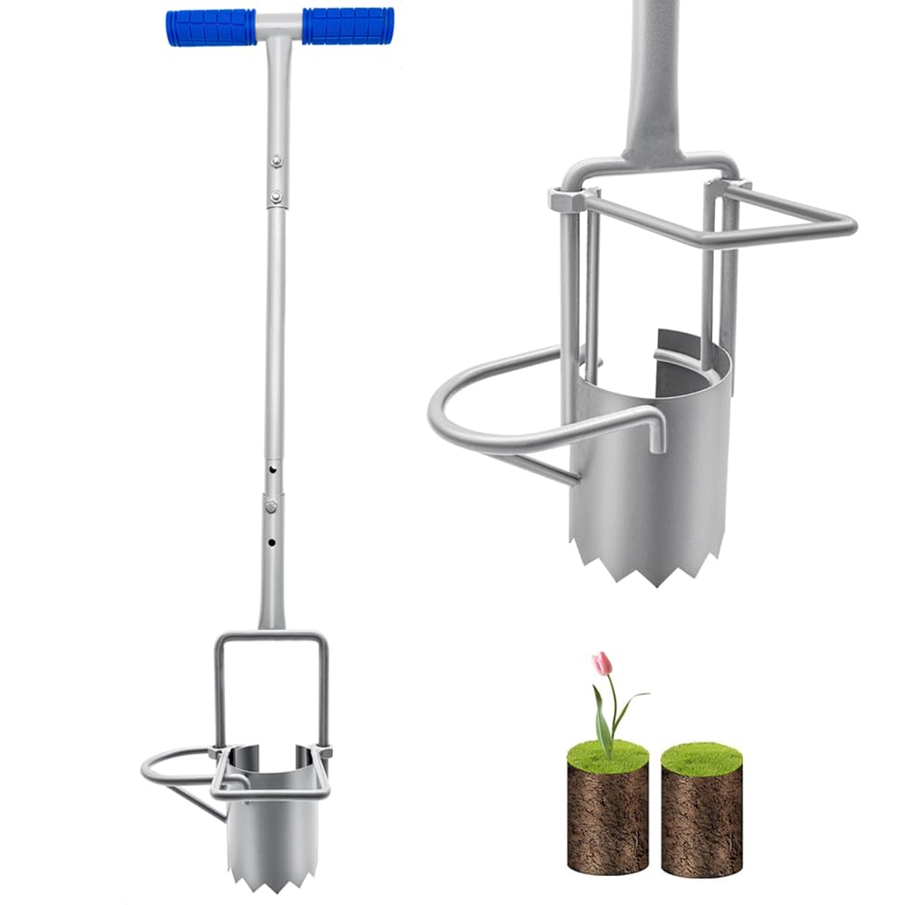 Updated Bulb Planter Long Handle for Digging, 5-in-1 Lawn and Garden Tool,sod Plugger Tool,Weeding,Soil Sampler, Transplanting,Sod Plugger Bulb Transplanting （Height Adjustable ）