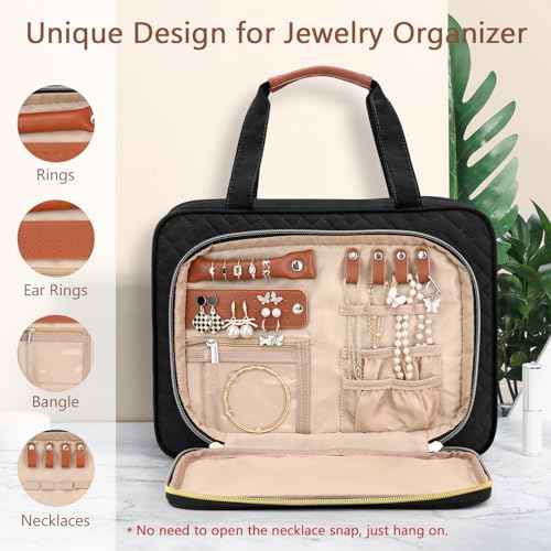 Wedama Toiletry Bag for Women, Hanging Travel Toiletry Bag with Jewelry Organizer Compartment Large Makeup Bag, PVC Waterproof Cosmetic Travel Bag for Travel Business Trips Camping Bathroom, Black