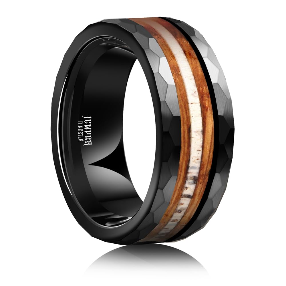 JEWPER 8mm Men Womens Wedding Band Tungsten Rings Black Hammer pattern Fashion Promise Carbide Inlaid Antlers Fire whiskey barrel wood Matte Finish Edge Comfort Fit Size(7)