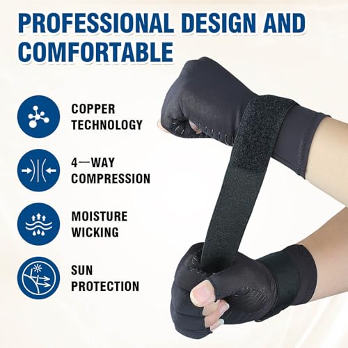2 Pairs Pack Compression Gloves for Women Men, Copper Arthritis Gloves for Hand Pain Relief, Carpal Tunnel Wrist Support, Rheumatoid, Joint Swelling,Fingerless for Computer Typing(Large/X-Large)