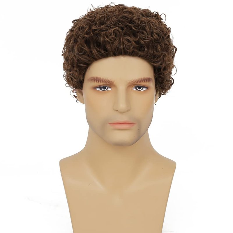Tseses Mens Brown Curly Wigs Short Afro Rocker Wig Synthetic Daily Cosplay Party Costume Hair Wigs for Male Guys